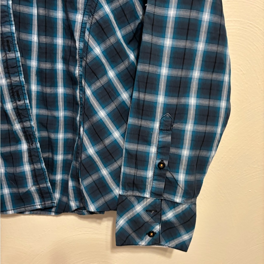 Grace in LA Embroidered Western Plaid Shirt Teal Orange Snap Button Large - Picture 7 of 9